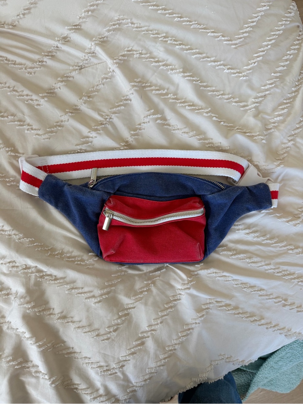 Mad Love Navy and Red Canvas Belt Bag with Stripe Strap